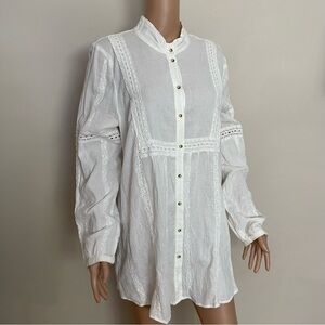 NWT! Women's CONTRAST White COTTON Crochet LONG TUNIC Button Front MINI DRESS